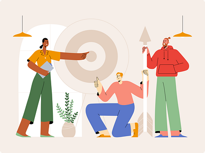 Mately - Align & Work Toward the Same Goal Illustration colorful dart board direction flat focus fun goal setting goals hand drawn human characters illustration minimalist planning plant roadmap strategic planning strategy success vision workplace culture