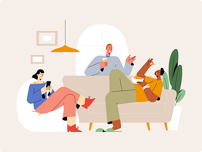 Mately - Relax & Chill with the Team Illustration bonding break casual chill co workers colorful employee engagement flat food beverage fun hand drawn human characters illustration minimalist plant relax sofa team bonding wellness workplace culture