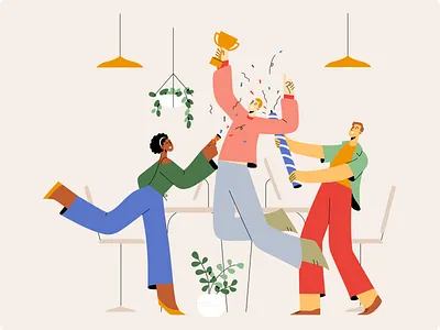 Mately - Celebrate & Reward Team Achievements Illustration achievement applause awards celebration colorful confetti flat fun hand drawn human characters illustration minimalist motivation plant recognition rewards success trophy win workplace culture