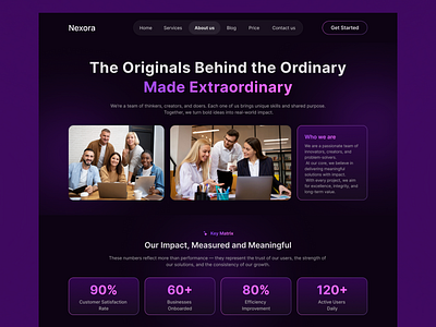 Nexora – About Us & Key Metrics Hero Section | Modern Web UI business metrics ui clean web ui hero section design saas hero section startup website design team introduction website website landing page