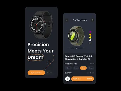 Smartwatch E-Commerce Shopping App UI — Dark Mode Experience app appdesign apple watch buy watch e commerce luxury watch mobile app online shop popular product design samsung shopping smart watch store ui watch