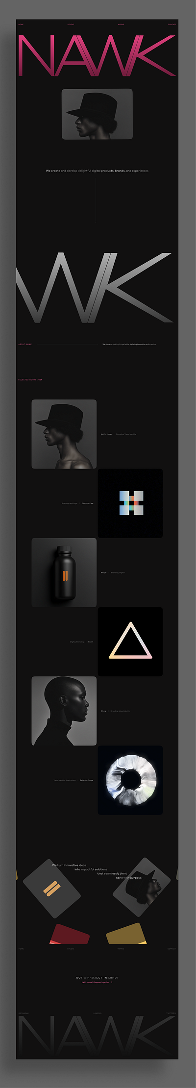 Creative studio website design 3d aesthetic agency ai animation branding cool dark figma graphic design illustration minimal modern sleek studio typography ui ux web3 website