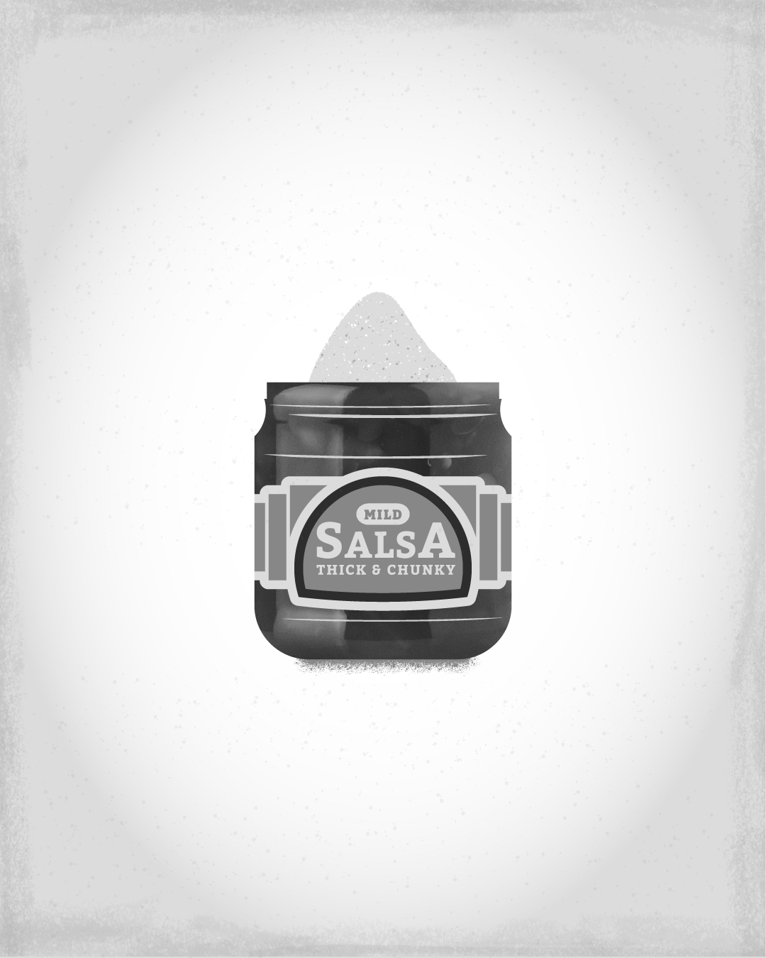 Salsa Shark 1990s clerks film food grayscale illustration jar jason mewes jaws kevin smith label movies nineties salsa sharks silent bob snacks textures tortilla chip vector