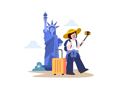 Woman Taking Selfie at Statue of Liberty Illustration business