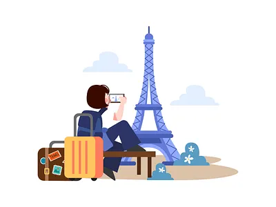 Woman Taking Photo at Eiffel Tower Illustration leisure