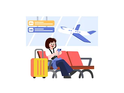 Woman Waiting for Plane at Airport Illustration area