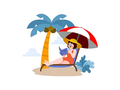 Woman Reading Book on Beach Illustration tropical