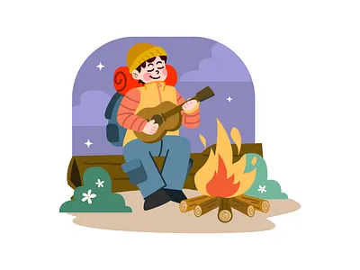 Man Playing Guitar at Camping Site Illustration brochure