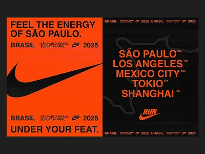 Global Nike Running Event Branding athletic branding branding campaign identity city marathon energetic colors event branding global marathon marketing visuals nike campaign poster layout promotional design race advertising race announcement running promotion sports design strong contrast typography visual hierarchy