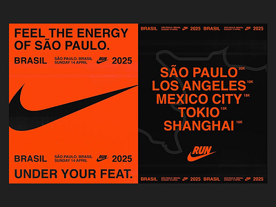 Global Nike Running Event Branding athletic branding branding campaign identity city marathon energetic colors event branding global marathon marketing visuals nike campaign poster layout promotional design race advertising race announcement running promotion sports design strong contrast typography visual hierarchy