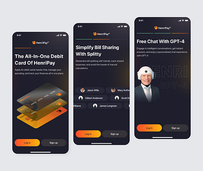 HenriPay Onboarding flows banking bill splitting design finance fintech fintech app fintech design interface mobile mobile application mobileapp onboarding product design transactions ui uiux ux virtual card