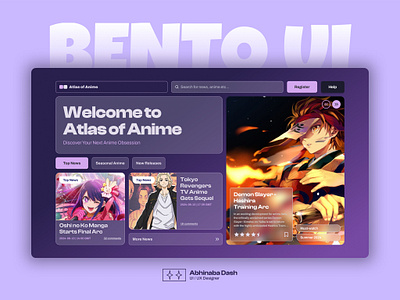 Atlas of Anime – Bento-Style UI for Otaku Explorers animelovers animeportal animeui bentoui cardlayout cleanui creativeinterface figmadesign interfacedesign otakudesign productdesign uidesign uxdesign visualdesign webui