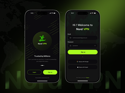 NordVPN Mobile App UI Concept app design cybersecurity ui dark mode app dark theme figma design ios app design login screen mobile app concept mobile ui neon green ui nordvpn onboarding screen secure app secure app design signup ui ui inspiration ui ux design ux design vpn vpn app