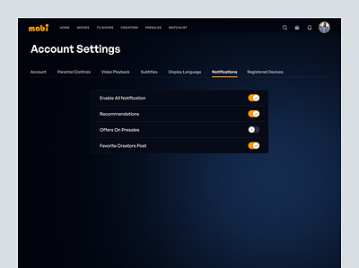 Notifications | Mabimovies app concept crypto graphic design movie moviestreaming resgistered devices settings streaming streamingplatform ui uiux ux wallet web web app web design web3 webdesign website