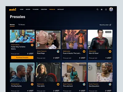 Presales (Movies) | Mabimovies app collectibiles crypto design movie movies moviestreaming presales purchase saas slot streaming tvshow ui ux wallet web web3 website