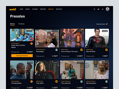 Presales (Movies) | Mabimovies app collectibiles crypto design movie movies moviestreaming presales purchase saas slot streaming tvshow ui ux wallet web web3 website