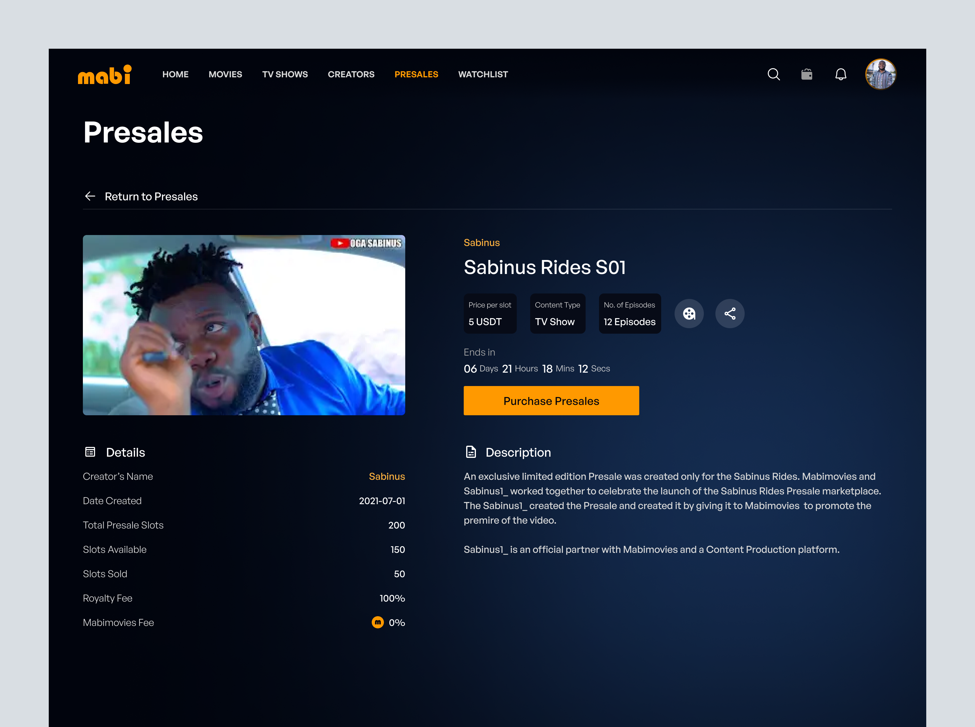 Presales (TV Shows) | Mabimovies app crypto design movie moviestreaming presales saas streaming streamingplatform tv detail tv show ui uiux ux wallet web web design web3 webdesign website