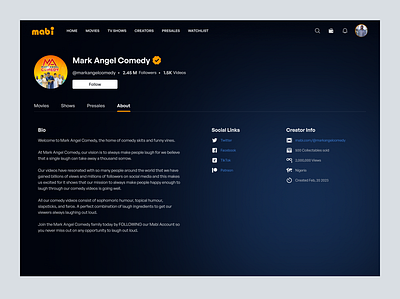 Creator's Page (About) | Mabimovies about page app crypto design movie moviestreaming profile page saas streaming streamingplatform ui uiux ux web web 3 web app web design website