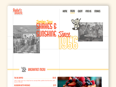 Ruby Dinerette Retro Menu Website Page 1960s cafe classic diner drink food food menu food website design icon character interface landing page menu minimalistic restarurant website design restaurant resto website design retro vintage website website design