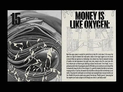 Newspaper Roll with Typographic Quote black and white brand identity branding color contrast creative creative design design graphic design impactful logo modern modern design money is like oxigen newspaper newspaper style visual identity