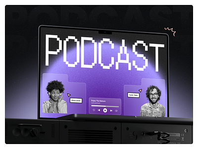 Podcast landing page blur dark gradient graphic design host illustration landing page noise player podcast purple sound ui web web design
