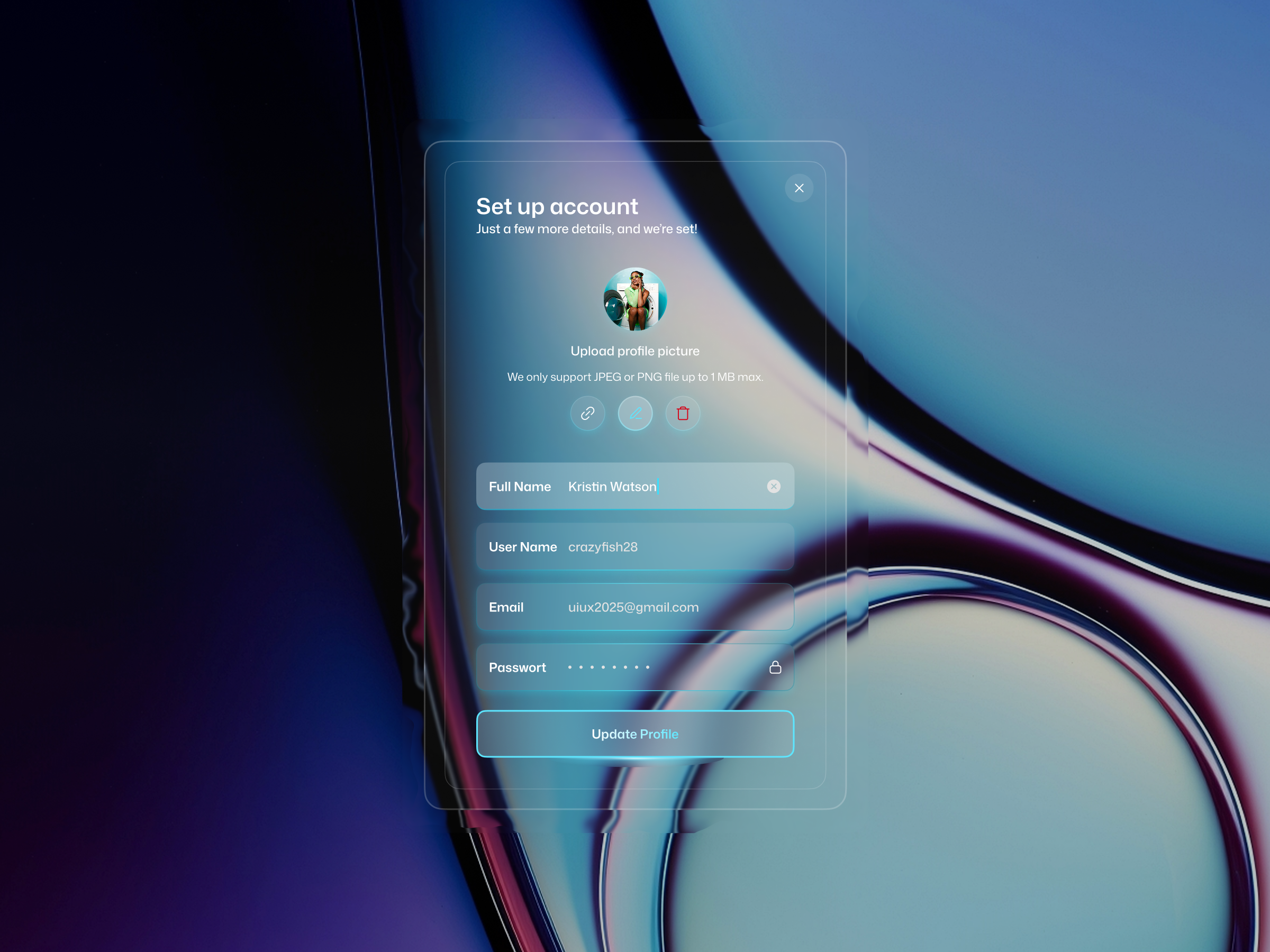 Account Setup Modal – iOS 26 Liquid Style concept figma ios design ios26 liquid liquid design liquidglass log in mobile modalui onboarding registration screen set up sing in ui ios uidesign