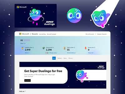 Microsoft Rewards X Duolingo branding design elements experience graphic graphic design logo microsoft typography ui user interface ux website