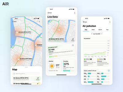 AIR - Pollution Level App UX/UI Design air pollution app app design case study illustration iot mobile ui smart device tech ui ui design ux ux design ux psychology