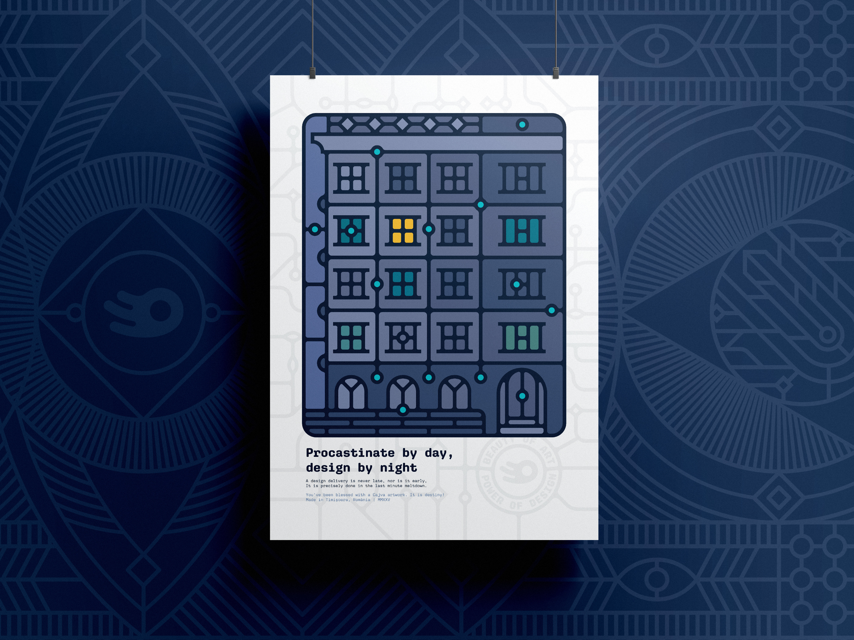 Procastination - Graphic Design Poster Series 12/12 cajva creative burnout designers life geometric illustration late midnight night owl stained glass art working late