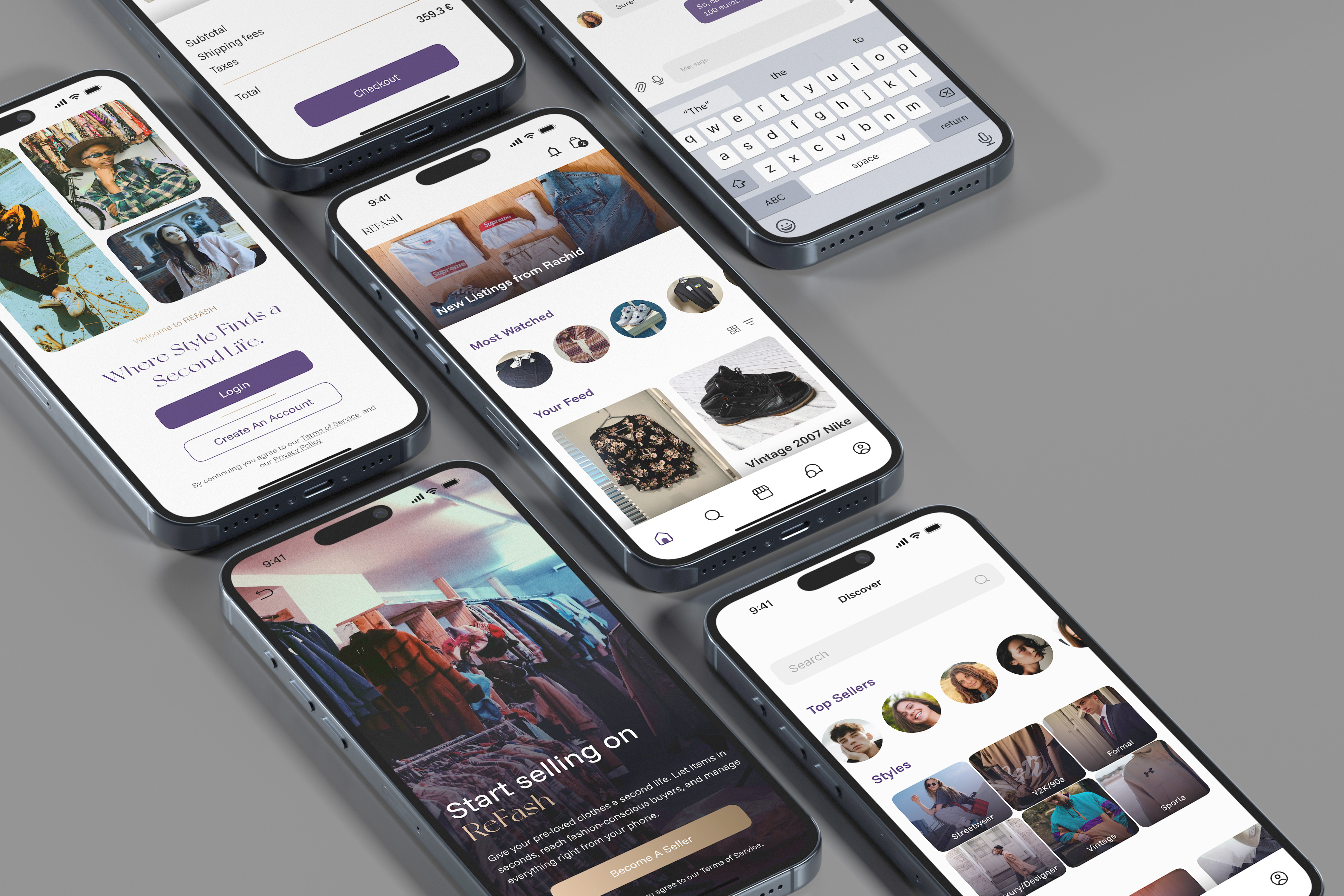 ReFash — Clothing App UI Design branding clean clothes reselling app clothing clothing app ui clothing store design system fashion fashion mobile app ios luxurious minimal mobile app design mobile app ui purple reselling stylish thrift store ui user experience