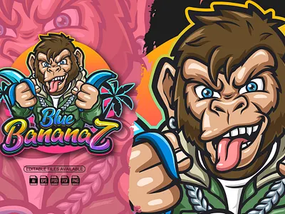 Blue Bananaz Mascot Logo brand logo branding cartoon cartoon logo design graphic design illustration logo mascot cartoon mascot logo monkey logo packaging design vector