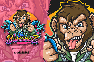 Blue Bananaz Mascot Logo brand logo branding cartoon cartoon logo design graphic design illustration logo mascot cartoon mascot logo monkey logo packaging design vector