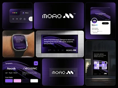 Moro Branding Design: Empowering Startups with Bold Identity app branding brand guidelines brand identity brand system branding color palette conceptual branding dark mode design digital branding logotype minimalist branding modern branding moro branding moro uiux purple aesthetics startup branding typography design uiux branding visual identity web branding