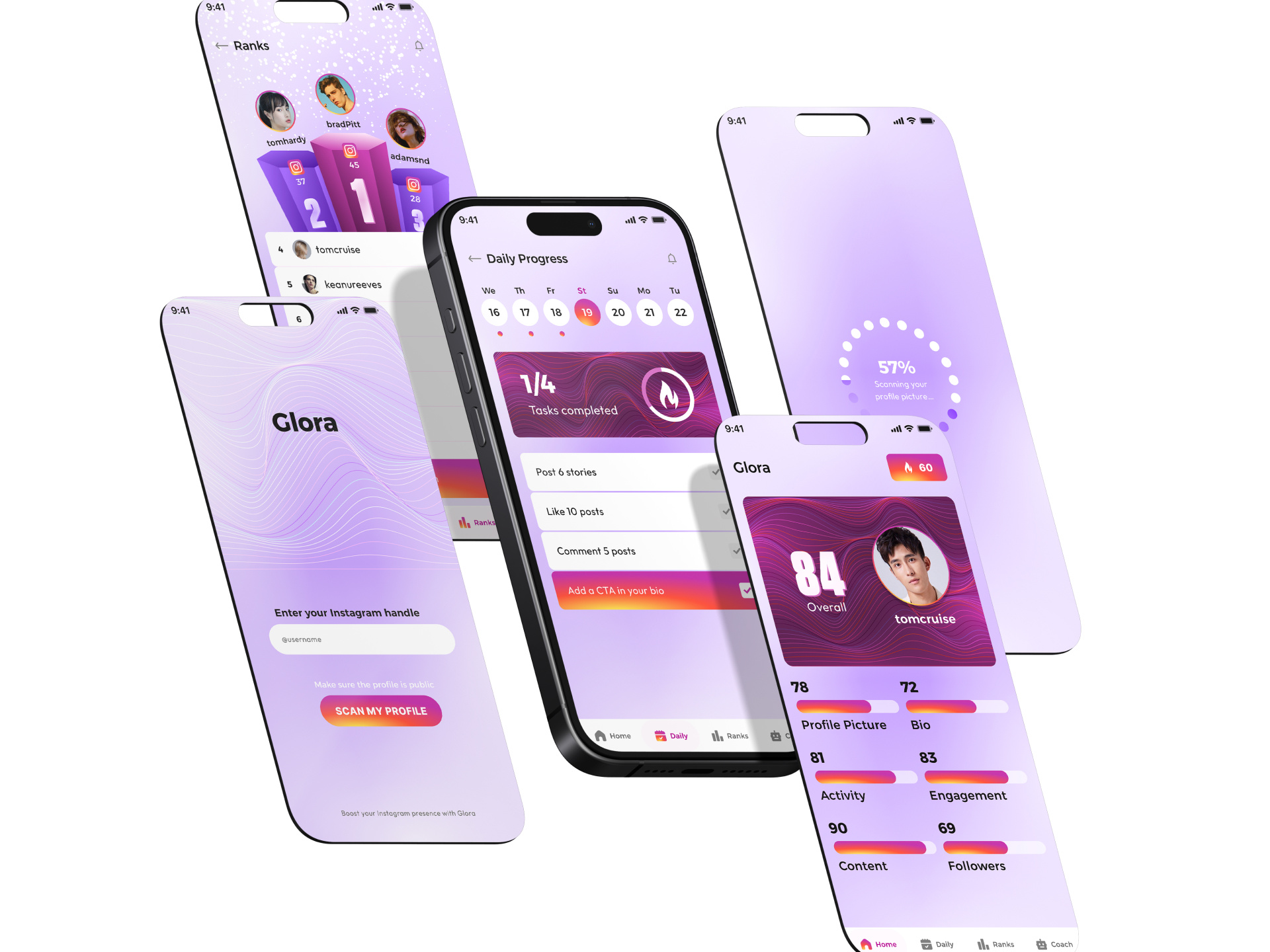Glora – Grow Your Instagram Like a Pro aiprofilescanner cleanmobiledesign dailychecklistux engagementtrackerui gamificationux gamifiedsocialux gloraapp instagramgrowthapp leaderboardui moderninstagramtools socialstreakappdesign uxforsocialapps