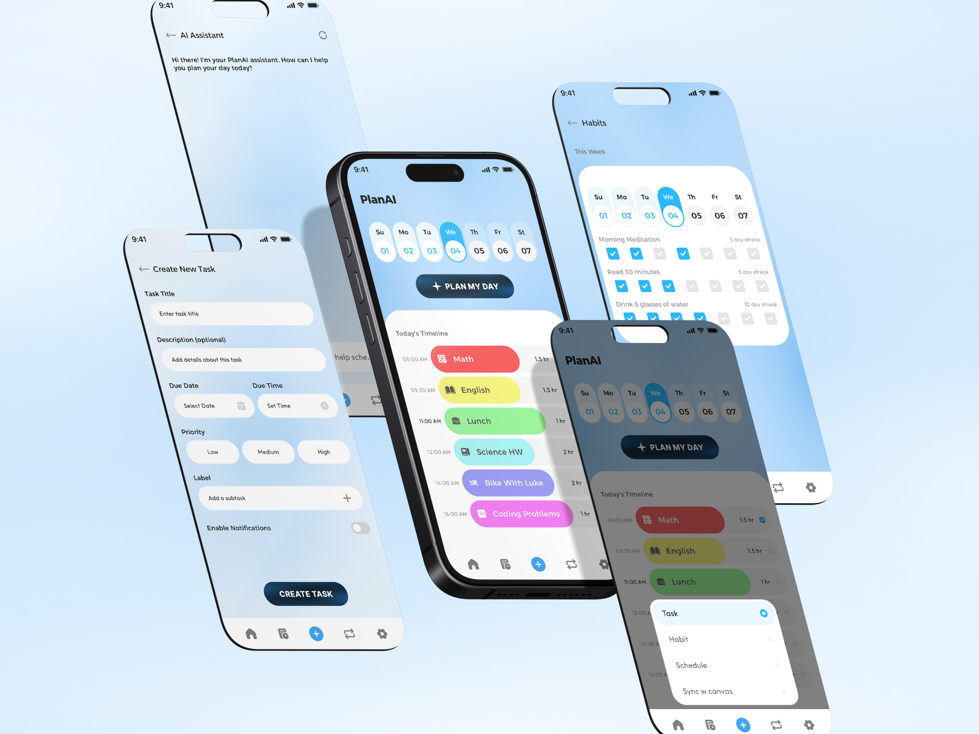PlanAI – Your AI-Powered Academic Day Planner aidayplanner calaistyle chatbotuxdesign cleanmobiledesign educationalappui habittrackerdesign iosproductivityapp iphoneuxdesign minimaltaskmanager moderncalendarui planaiapp studentplannerux