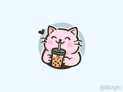 Cat Drinking Boba Logo (for sale) adorable animal boba branding cafe cat cup cute drink graphic design happy illustration logo logos love pet round tea