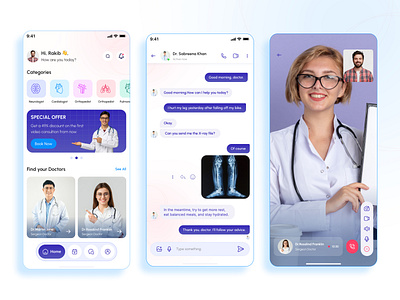 Doctor Consultation App – Book, Chat & Video Call in One Place appconcept appui cleanui dribbbleweeklywarmup figmadesign healthtech medicalapp mobileappdesign modernui onlineconsultation productdesign rakibdesign uichallenge uiuxdesign userinterface uxinspiration uxuidesign