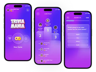 Glassmorphism Trivia Game UI game game design game ranking glass glassmorphism graphic design leaderboard mobile app ranking trivia game ui web
