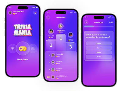 Glassmorphism Trivia Game UI game game design game ranking glass glassmorphism graphic design leaderboard mobile app ranking trivia game ui web