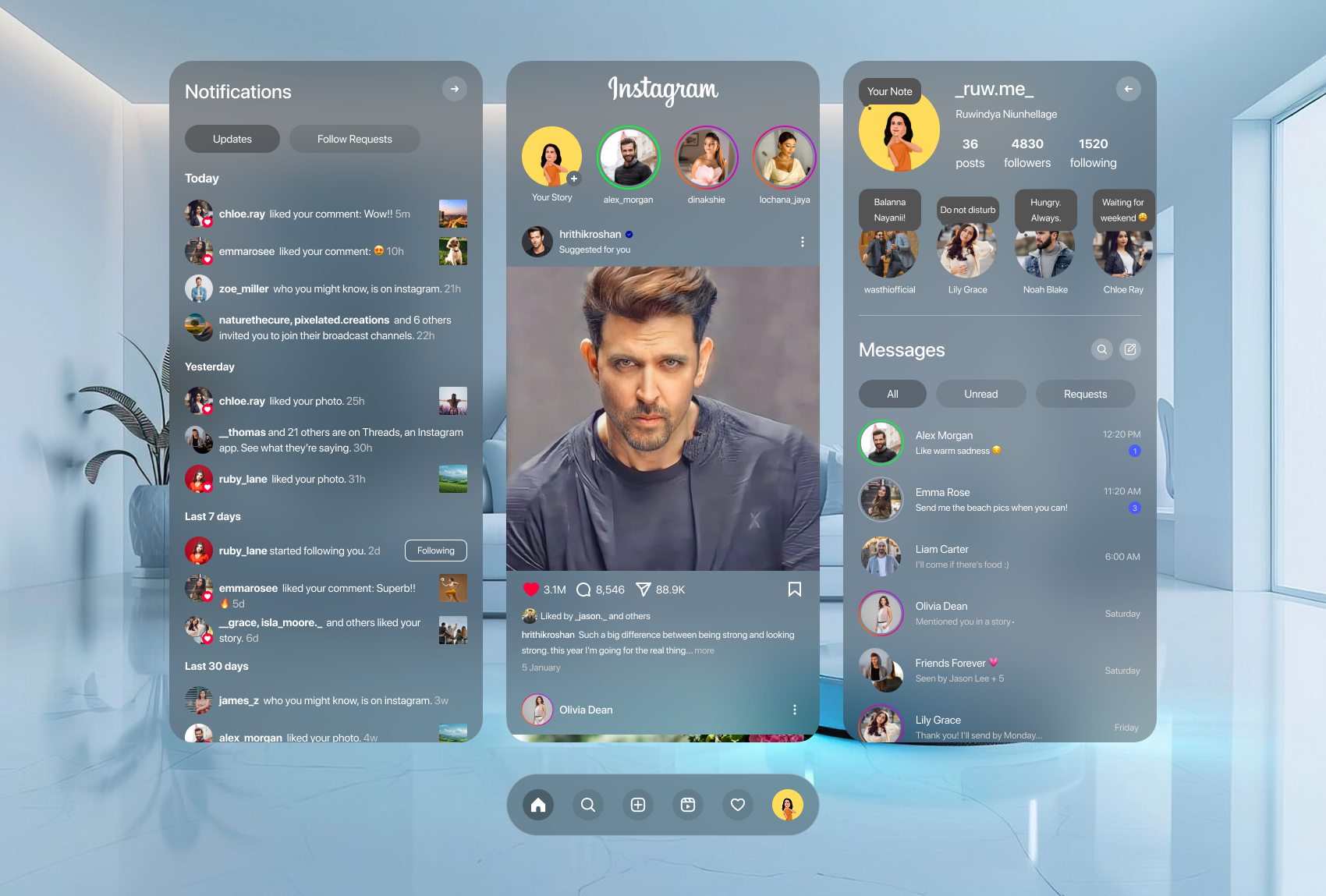 Instagram Spatial UI apple vision pro ar vr design figma glass instagram interface redesign spatial spatial ui ui web design xr