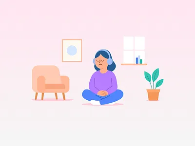 Self-help - Onboarding illustration branding chair character flat girl headphone help illustration medical meditation mental health plant sofa window