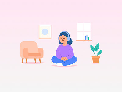 Self-help - Onboarding illustration branding chair character flat girl headphone help illustration medical meditation mental health plant sofa window
