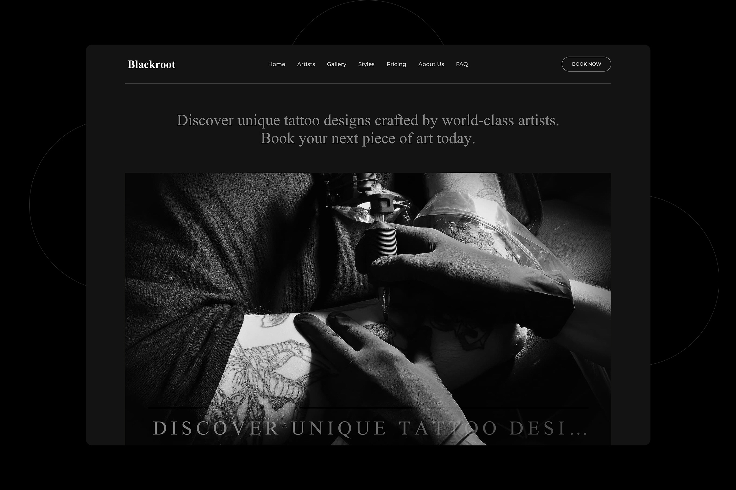 Black Root – Landing Page Design for Tattoo Studios appointment artist portfolio black theme creative studio dark ui editable figma figma landing page minimalist design modern ui responsive layout tattoo tattoo studio