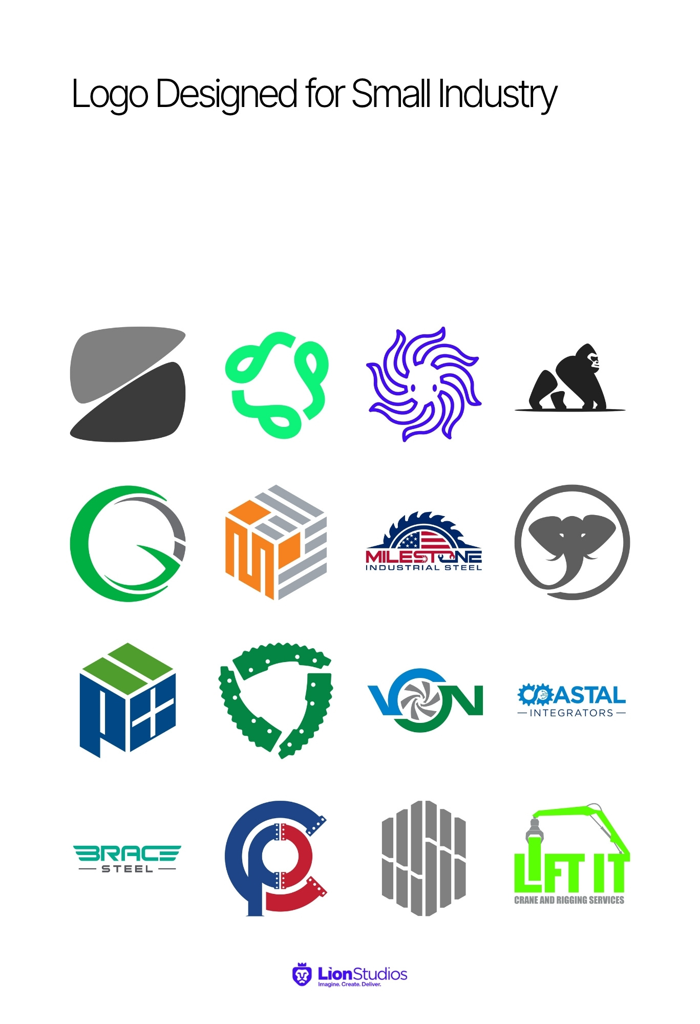 Logo Designed for Small Industry brand identity custom logo dynamic flat gorilla handdrawn illustration industrial ironworks lettermark logo mechanical minimal modern octopus small business steelworks stonework sustainable symbolic