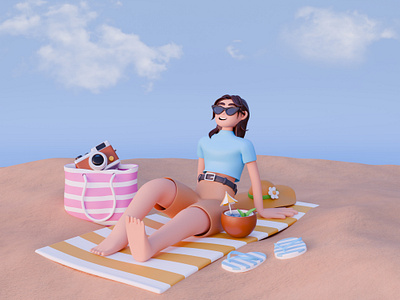 3D Beach Girl Relaxing — Stylized Summer Scene 3d 3d icons 3d illustration 3d props 3d render beach relax blender character illustration character modeling illustration stylized art summer illustration summer vibe travel vacation