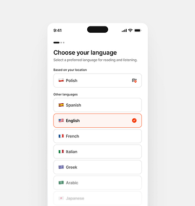 Onboarding 1/3: Choose your language ebook icons mobile onboarding select ui white