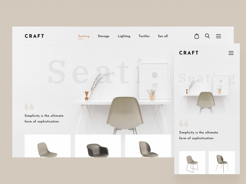 CRAFT furniture store responsive design flow adaptive adaptive design animation drylikov e commerce furniture interface mobile responsive responsive design responsive layout tablet ui design user interface design web web design web store website