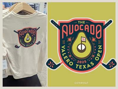 The Avacado at Valero Texas Open 2025 avocado badge design branding brandmark golf golf course graphic tee identity illustration logo logo design logos merch patch print shield sports tournament tshirt typography