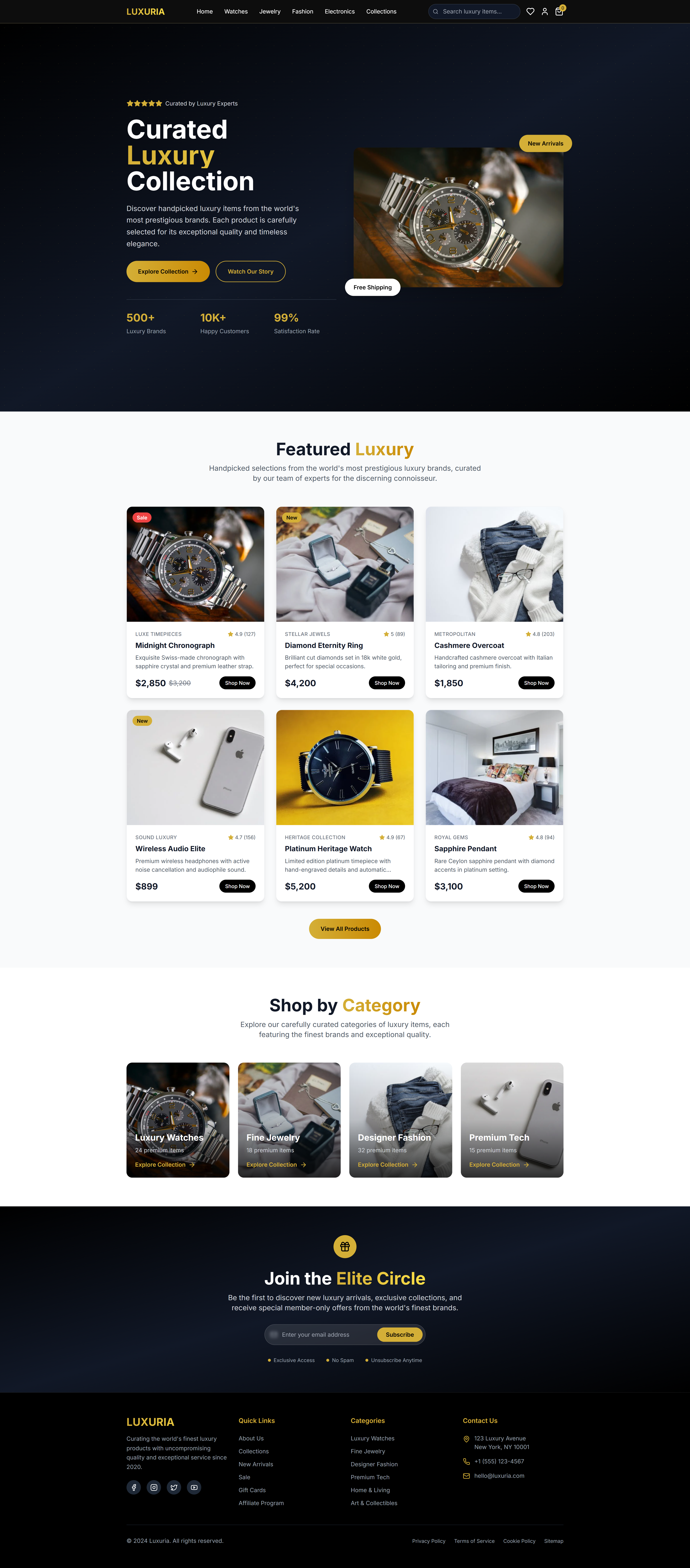 LUXURIA Luxury ecommerce Product Store affiliate store amazon affiliate clean interface curated products dark ui ecommerce ui fashion store luxury ui luxury website minimal ui modern web design online shopping premium web design product landing page product showcase react website responsive design tailwind css user interface web app design