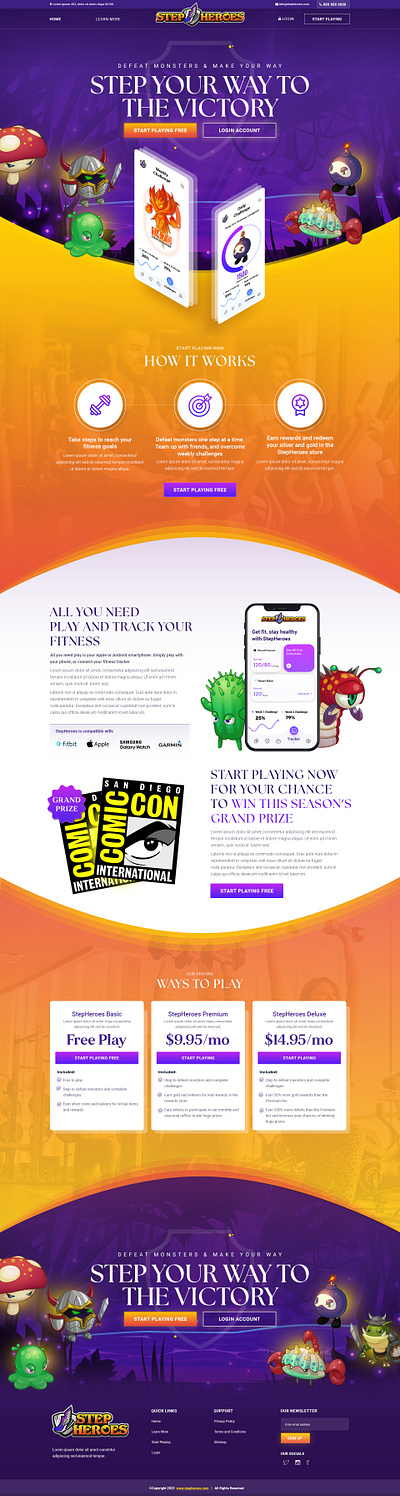 StepHeroes - Fantasy-themed fitness game website design 3d branding design graphic design illustration typography ui ux vector web web design website